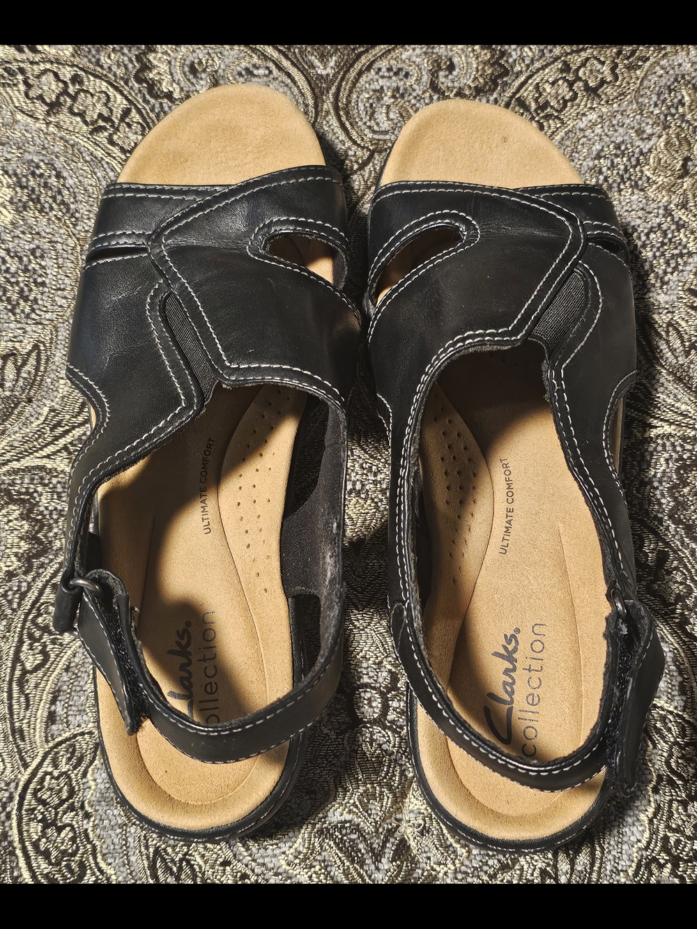 Clarks Black Leather Women’s Comfort Sandals with Tan Footbed